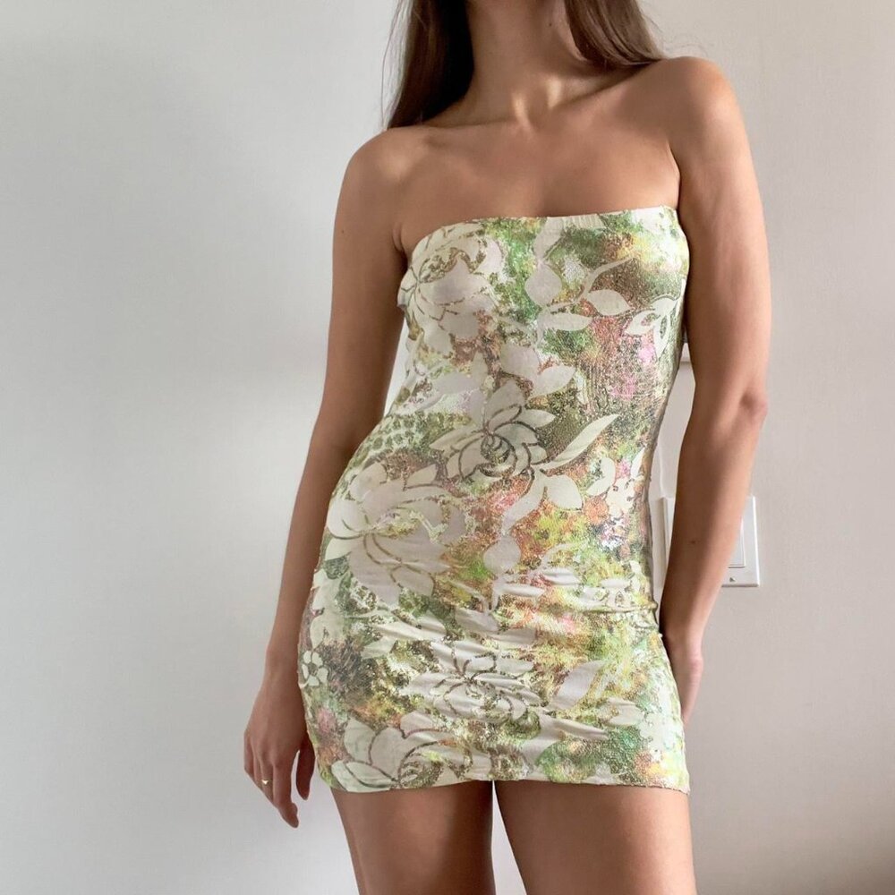 Mais x Frida | "Fiore" pastel green sequin strapless mini bodycon dress | Size S